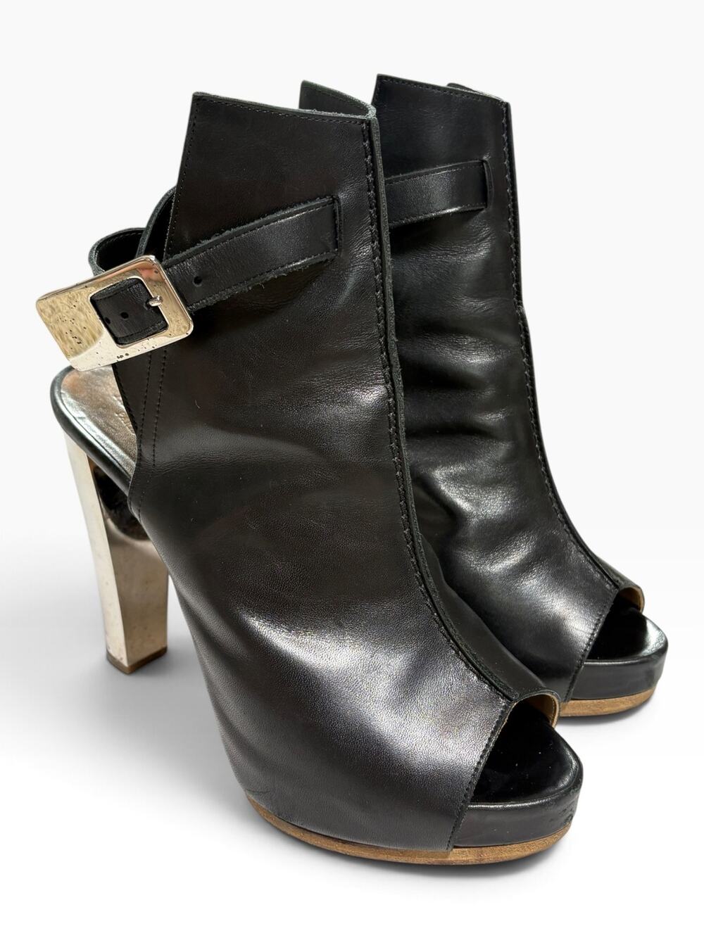 Hermès Black Leather Peep Toe Platform Ankle Boots Sandals Silver Heel 37